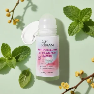 XIRAN Anti-Perspirant & Deodorant Roll-On with surrounding leaves and flowers